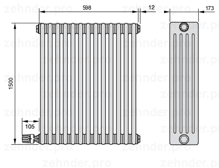 Схема (чертеж) Радиатор Zehnder Charleston 5150/13 №V003 Белый глянцевый RAL 9016